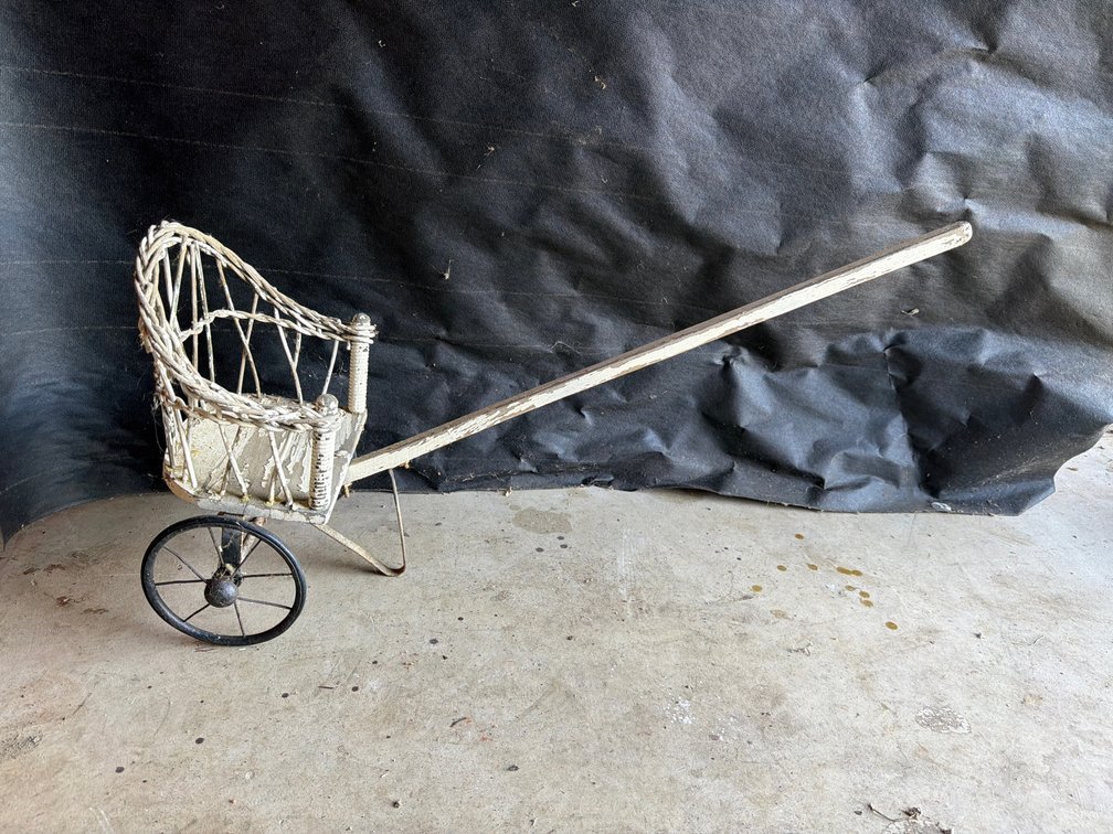 Miniature Wicker Cart with Metal Spoked Wheels
