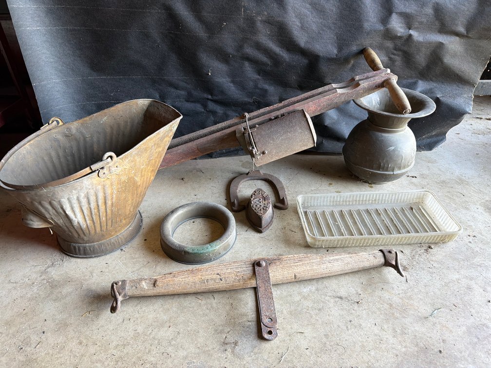 Coal Scuttle, Seed Planter, Singletree, and Metalware