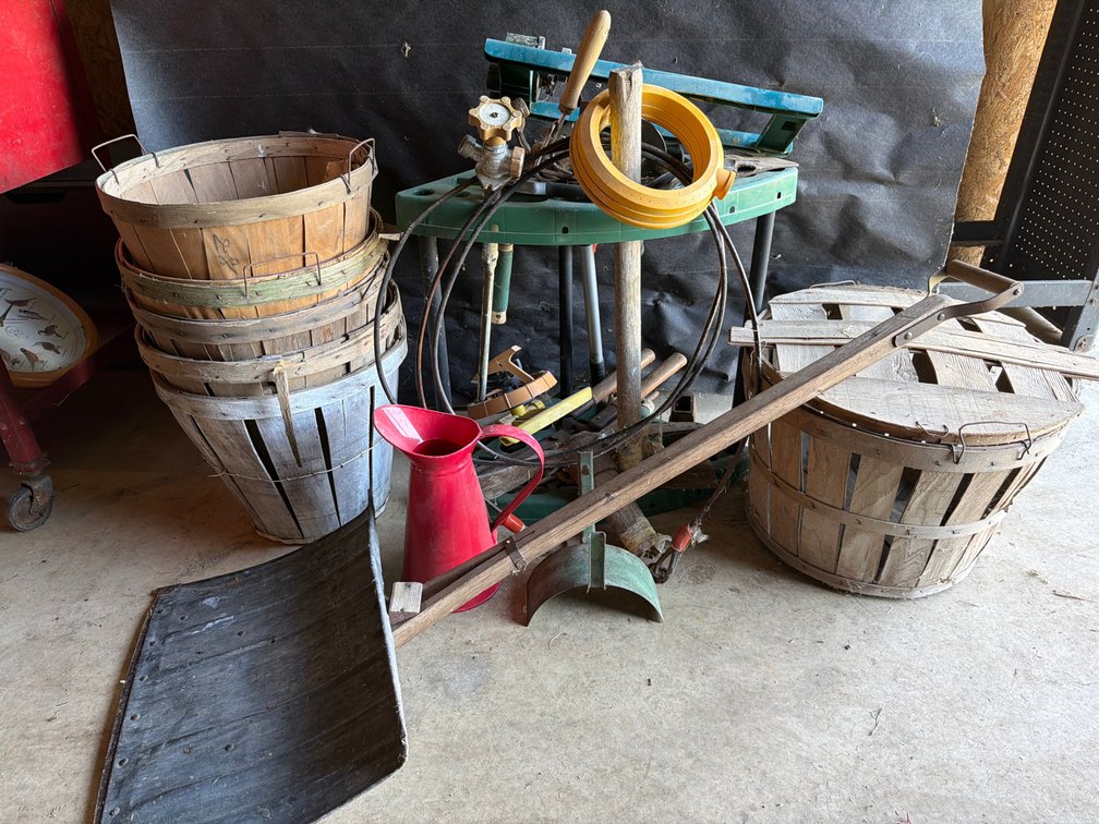 Wooden Bushel Baskets, BOSS Snow Shovel, and Garden Tools