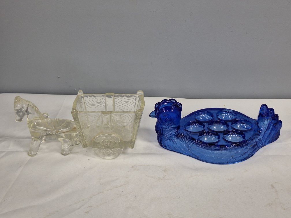 Clear Glass Horse and Cart Dish and Cobalt Blue Egg Tray