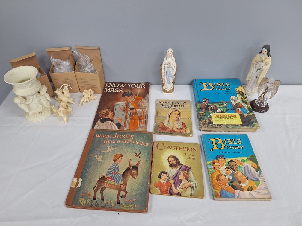 Religious Books, Catholic Figurines, and Angel Decor
