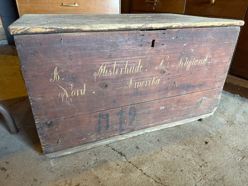 Wooden Immigrant Trunk with Painted Script