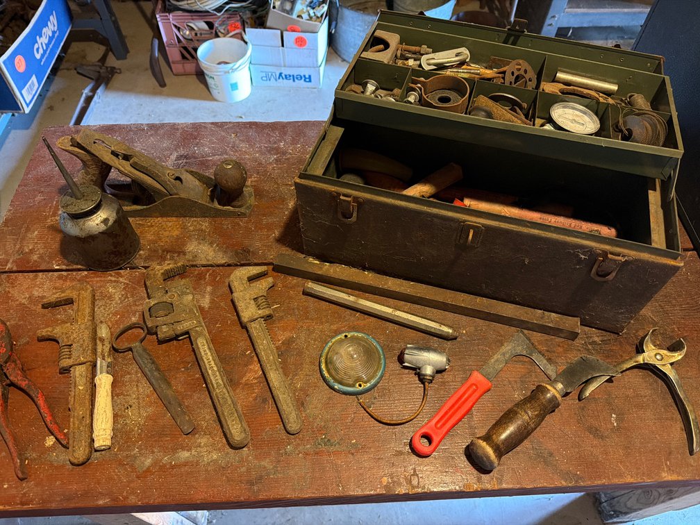 Metal Toolbox, Hand Plane, Pipe Wrenches, and Hardware