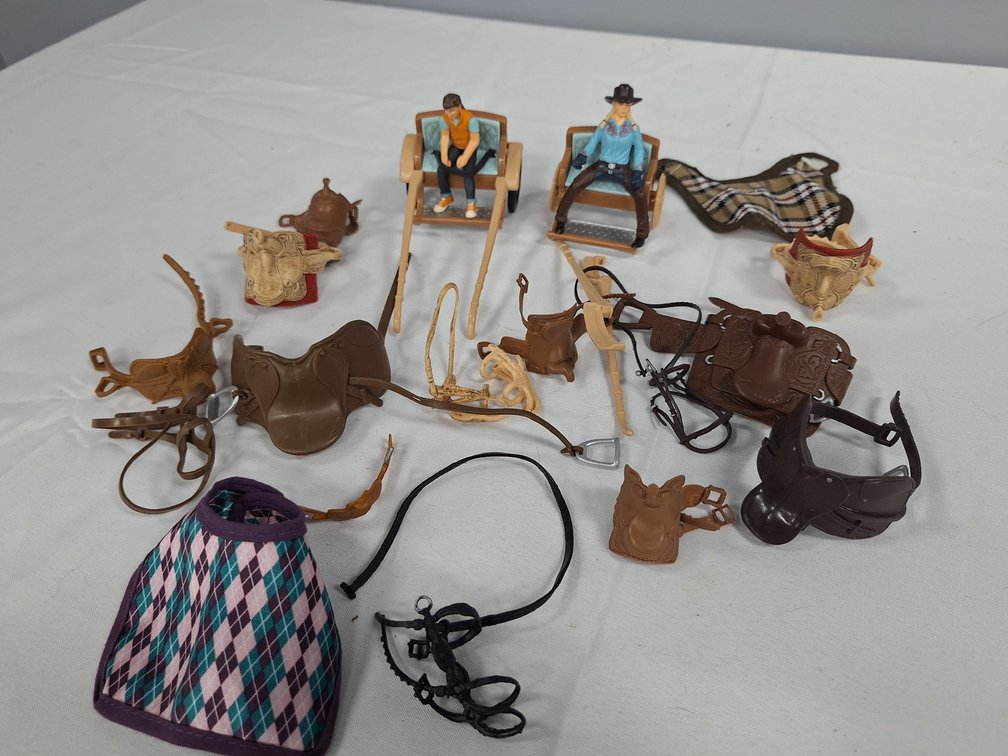 Model Horse Carts, Rider Figures, Saddles, and Tack