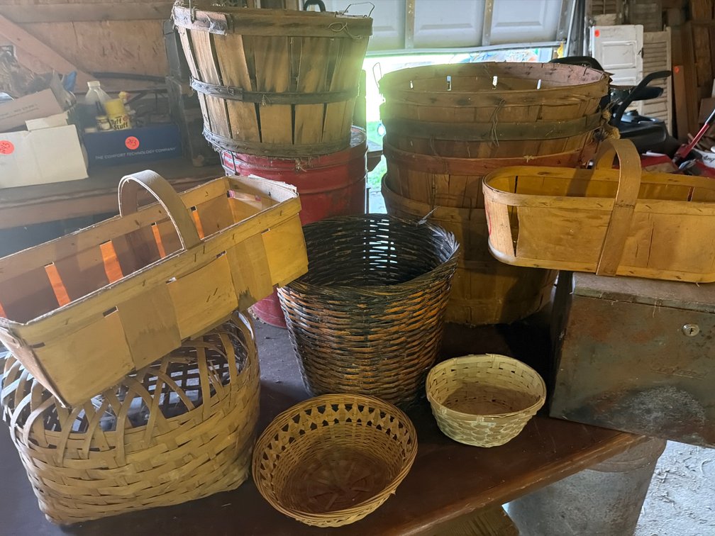 Wood Bushel Baskets, Woven Baskets, and Metal Lockbox