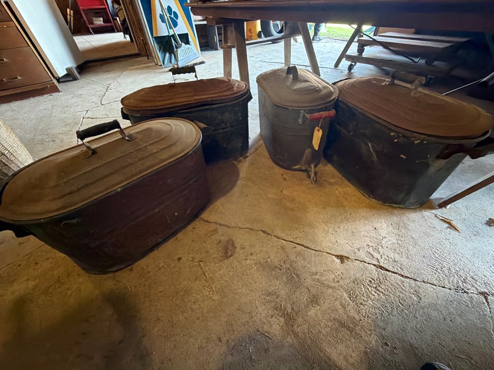 Four Copper and Metal Wash Boilers with Lids