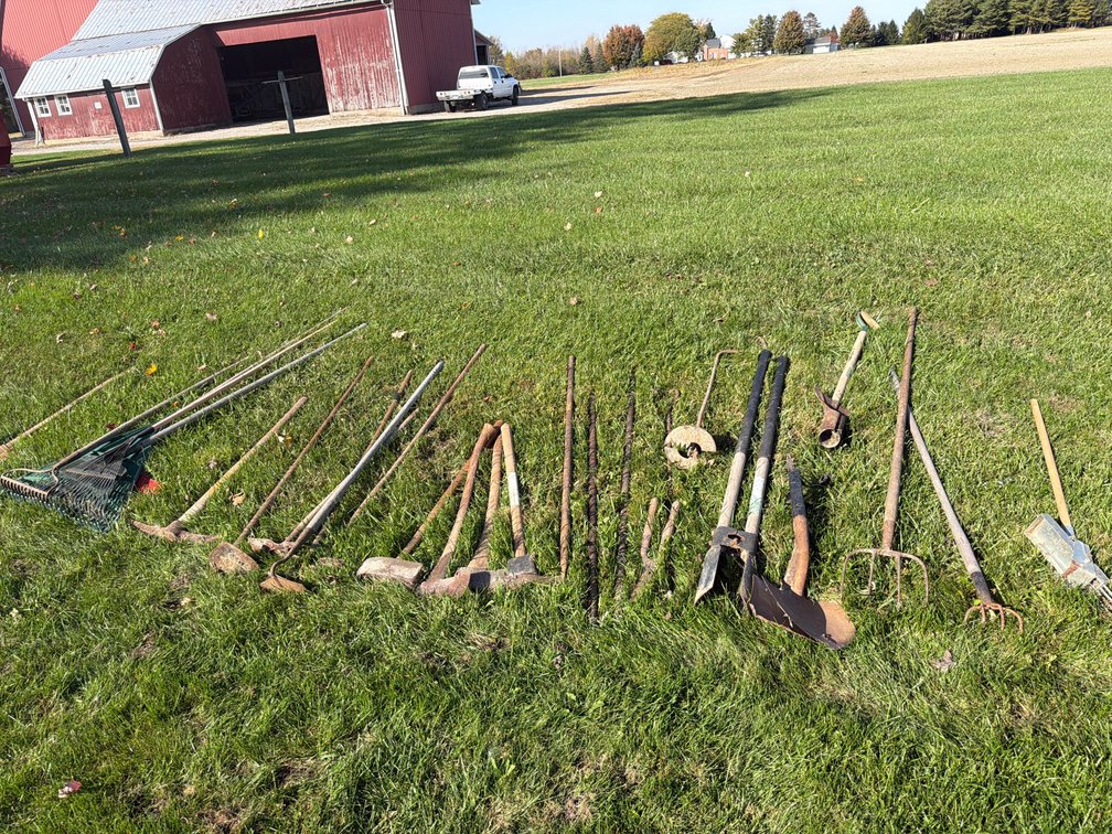 Farm and Garden Hand Tools, Axes, Hoes, and Post Hole Digger
