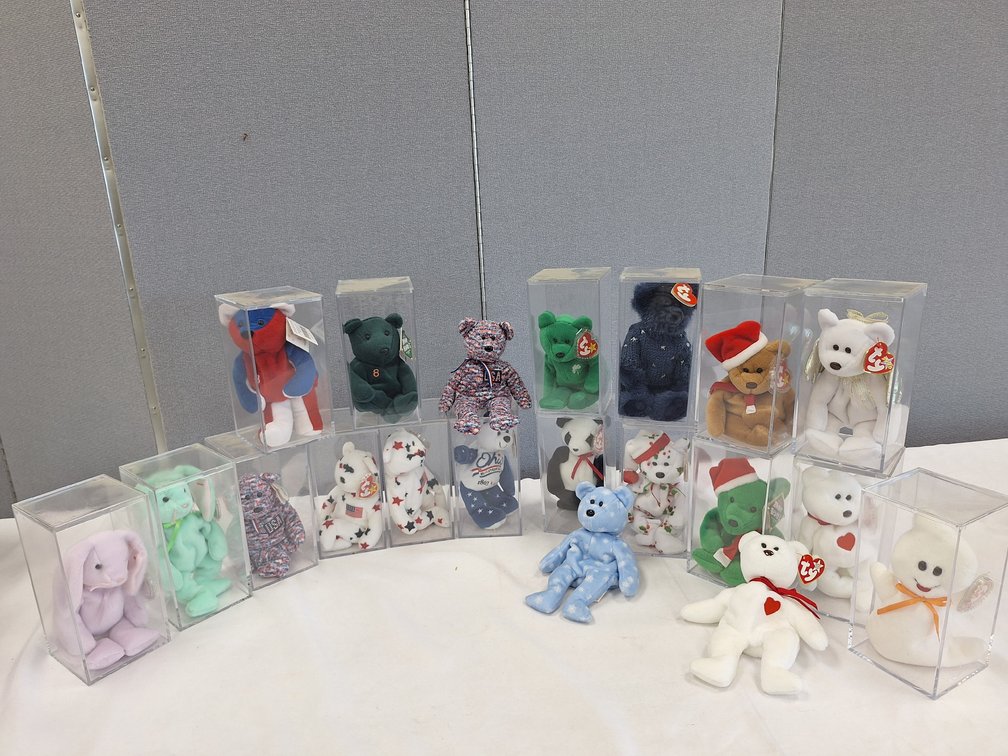 Plush Bears and Animal Figures with Display Cases