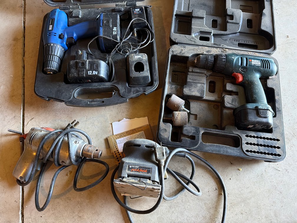 Cordless Drills, Corded Drill, and Electric Palm Sander