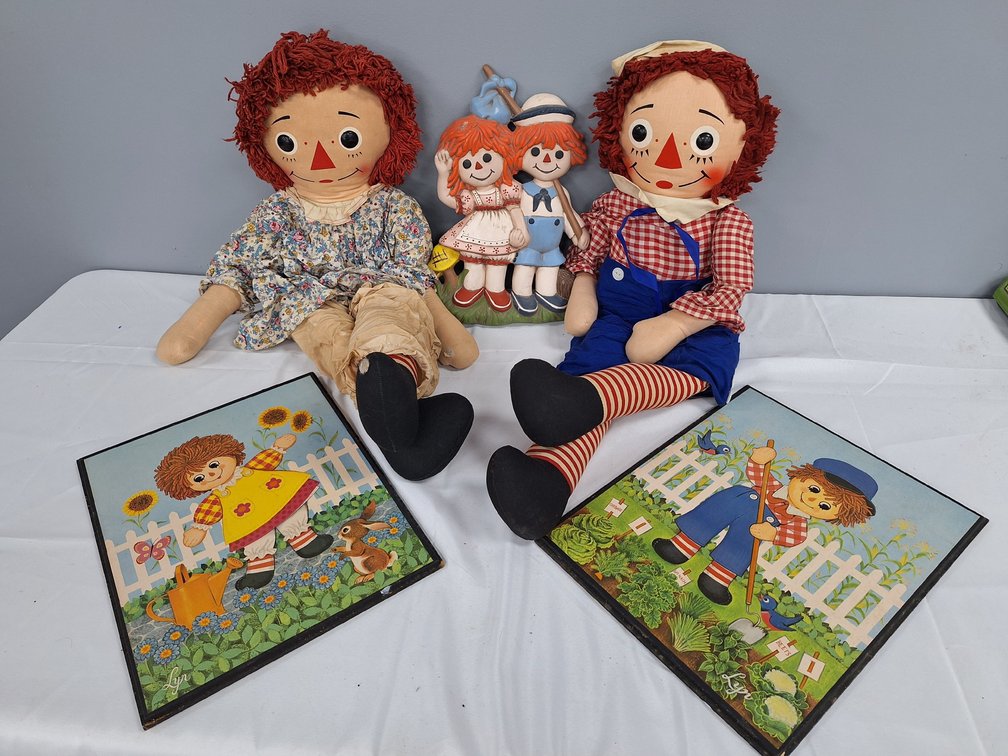 Raggedy Ann and Andy Dolls, Relief Plaque, and Wall Plaques