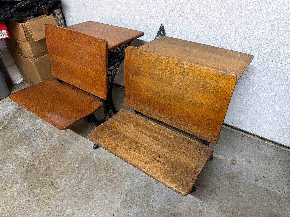 Wood and Cast Iron School Desks with Folding Seats