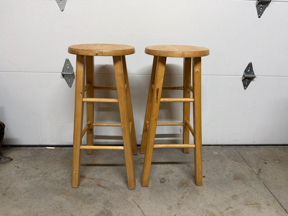 Pair of Natural Wood Round-Seat Bar Stools