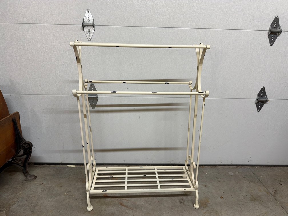 Cream Painted Metal Quilt Rack with Lower Shelf
