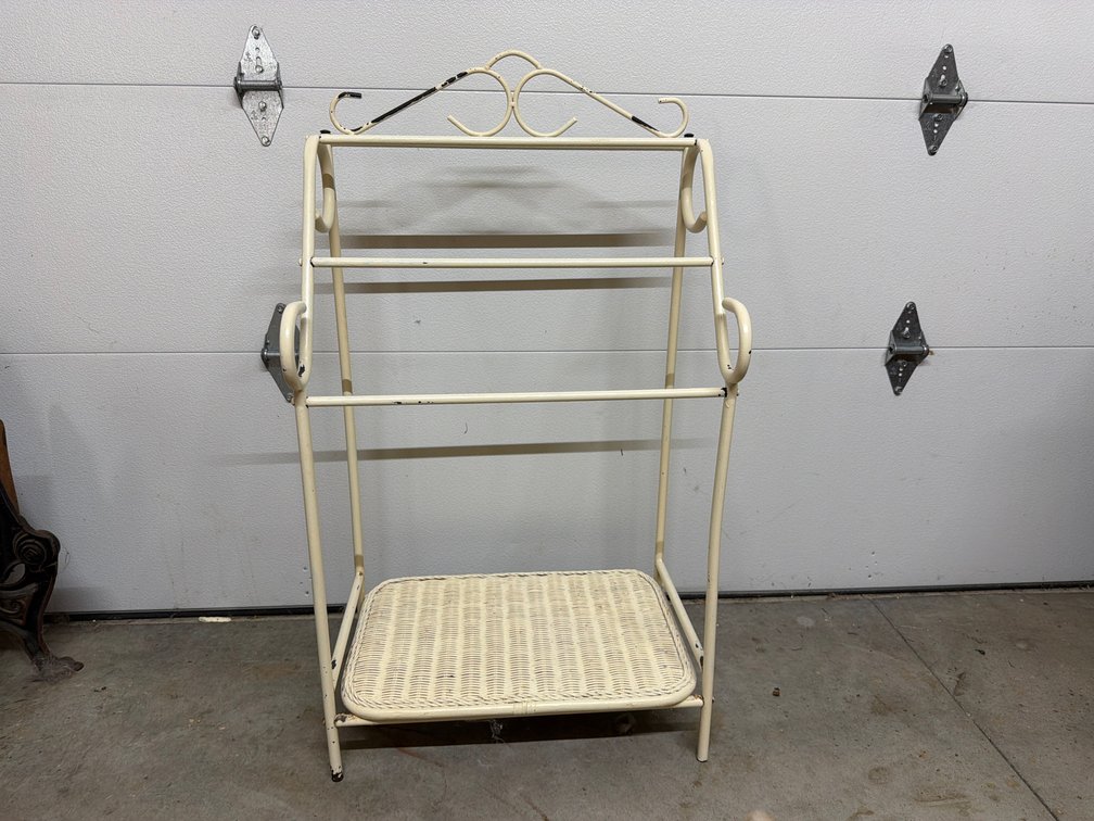Painted Metal Quilt Rack with Wicker Shelf