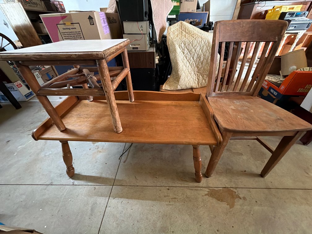Wooden Bench, Slat-Back Chair, Stool, and End Table