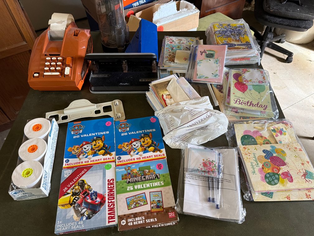 Adding Machine, Swingline Hole Punch, Valentine Cards, and Stationery