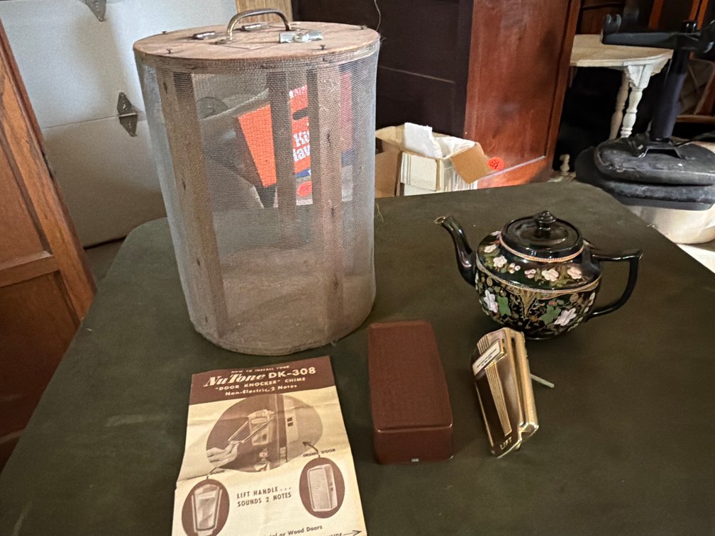 NuTone Door Knocker Chime, John Sadler Teapot, and Wire Mesh Carrier