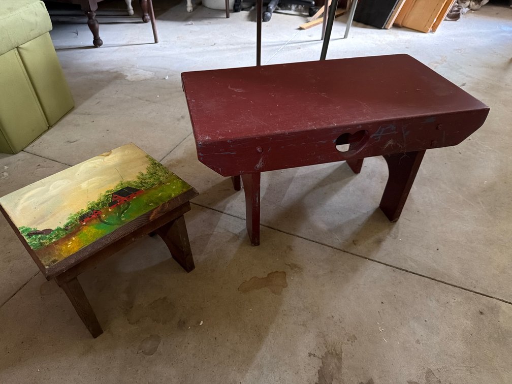 Wooden Footstools with Painted Landscape and Heart Cutout