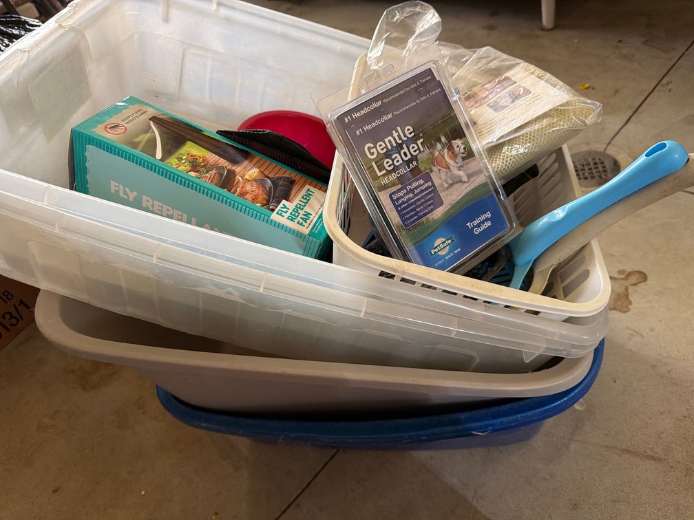 Pet Supplies, Dog Gate, Litter Pans, and Storage Bins
