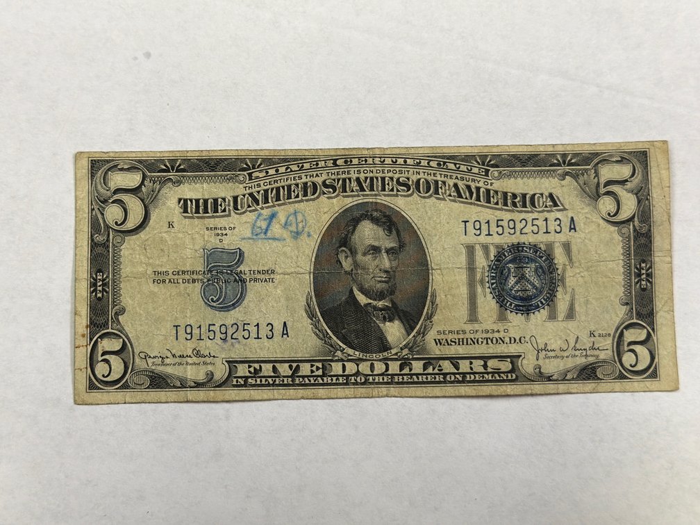 5 DOLLAR SILVER CERTIFICATE SERIES 1934 D