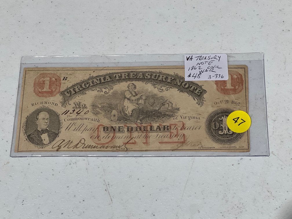 VA TREASURY NOTE 1862 CIVIL WAR
