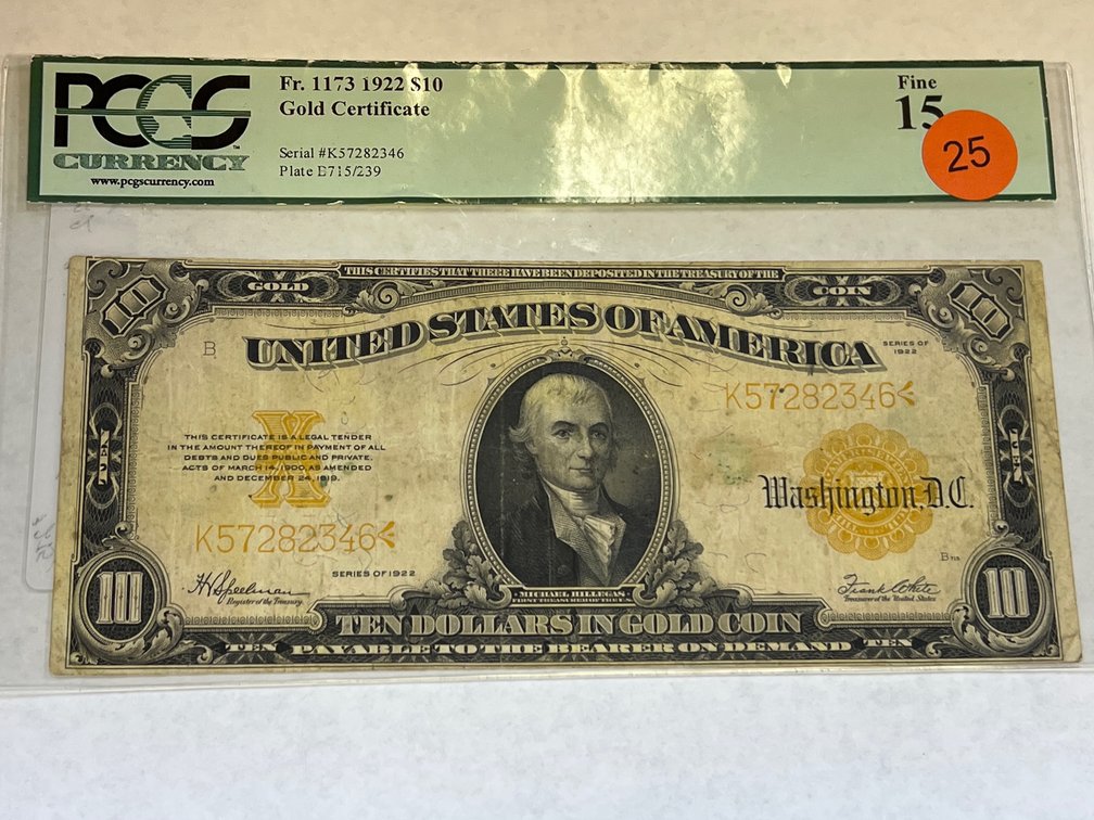 1922 $10 GOLD CERTIFICATE