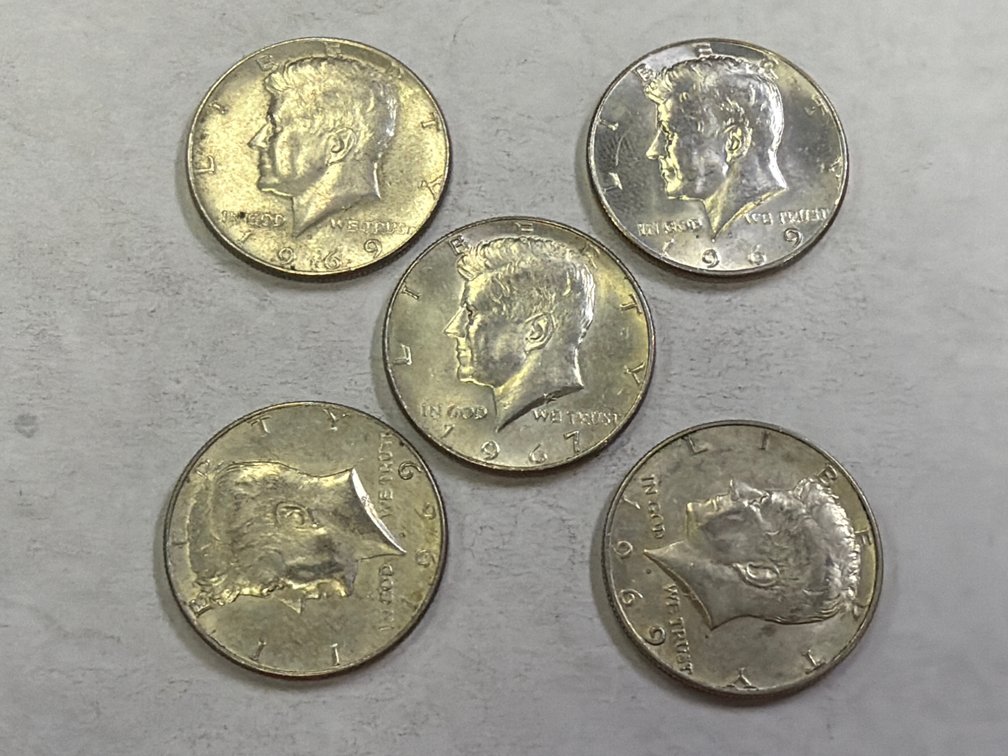 (5) KENNEDY 40% SILVER HALF DOLLARS