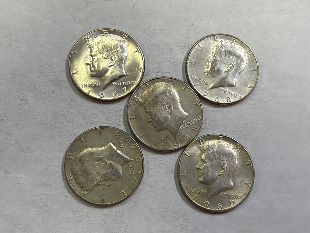 (5) KENNEDY 40% SILVER HALF DOLLARS