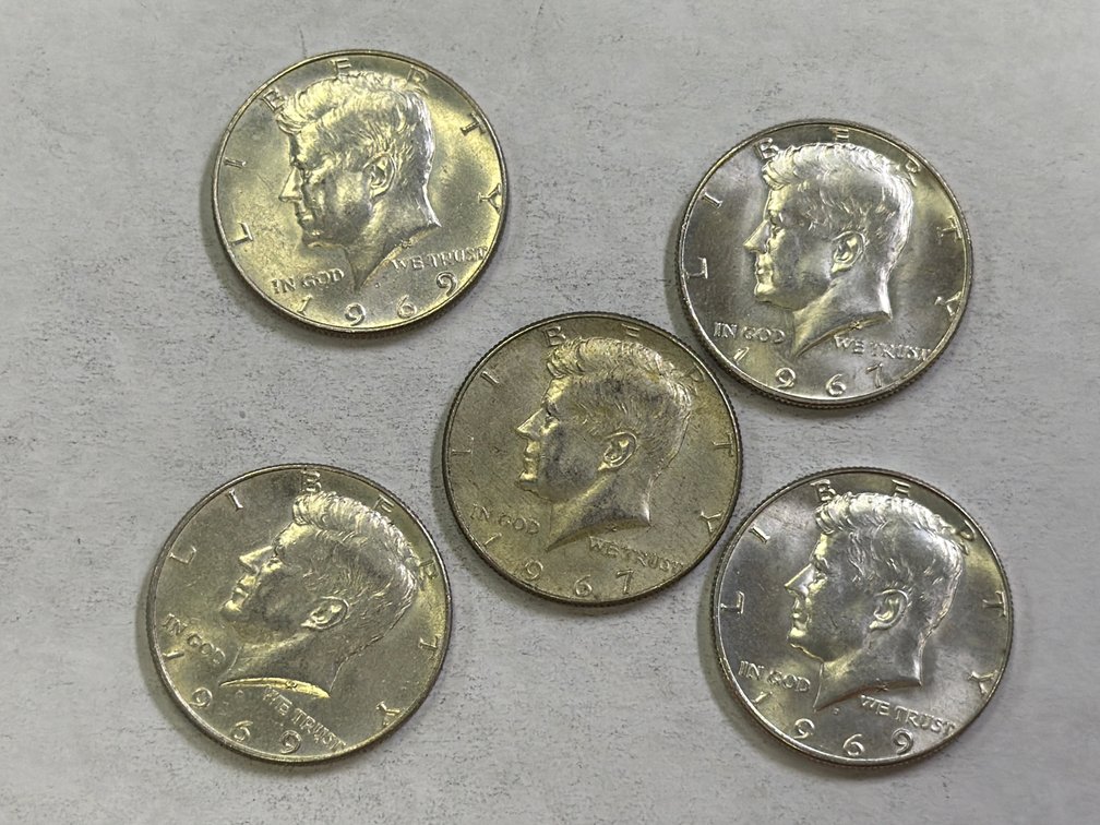 (5) KENNEDY 40% SILVER HALF DOLLARS