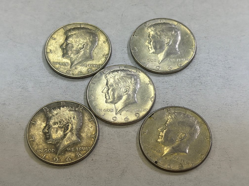 (5) KENNEDY 40% SILVER HALF DOLLARS