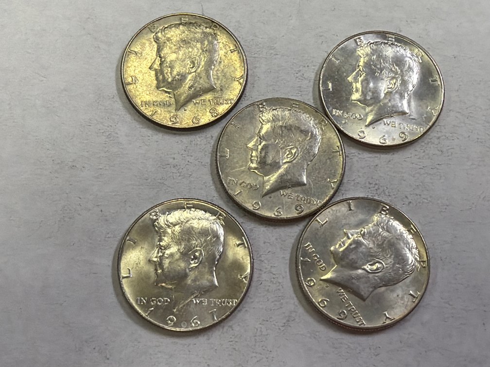 (5) KENNEDY 40% SILVER HALF DOLLARS
