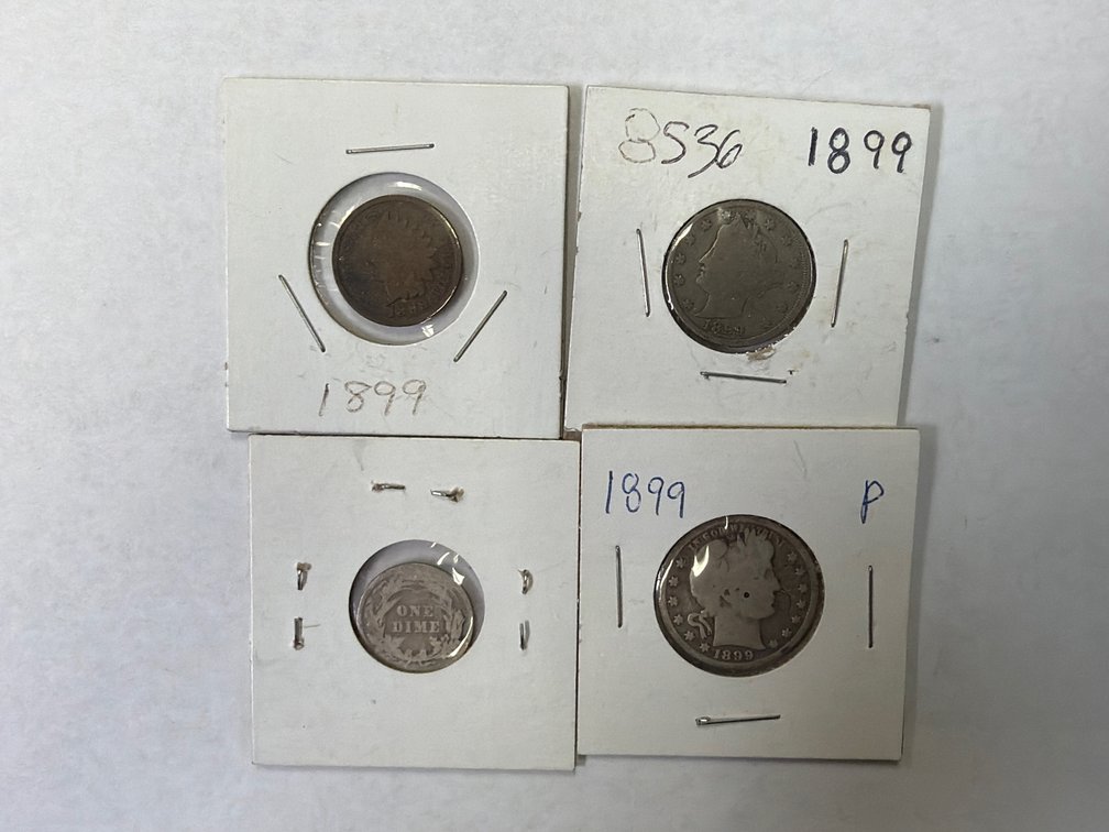 1899 4 COIN SET- INDIAN HEAD PENNY, V-NICKEL, BARBER DIME & QUARTER
