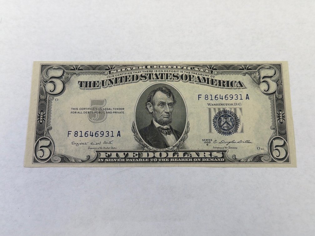 SERIES 1953B BLUE SEAL $5 SILVER CERTIFICATE
