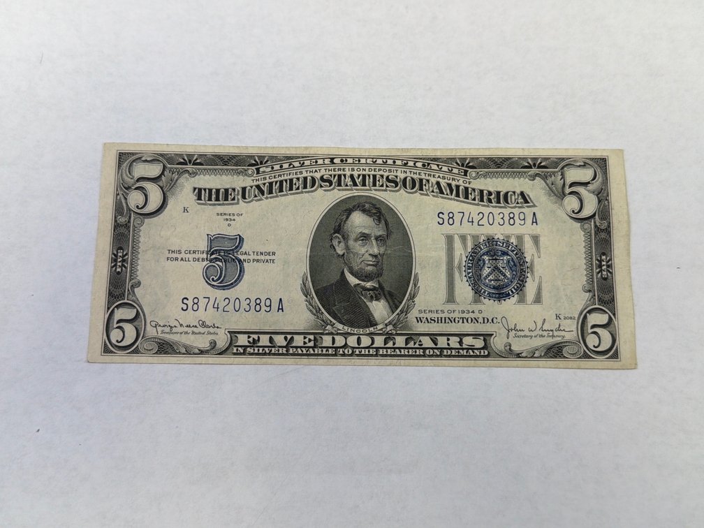 SERIES 1934D BLUE SEAL $5 SILVER CERTIFICATE