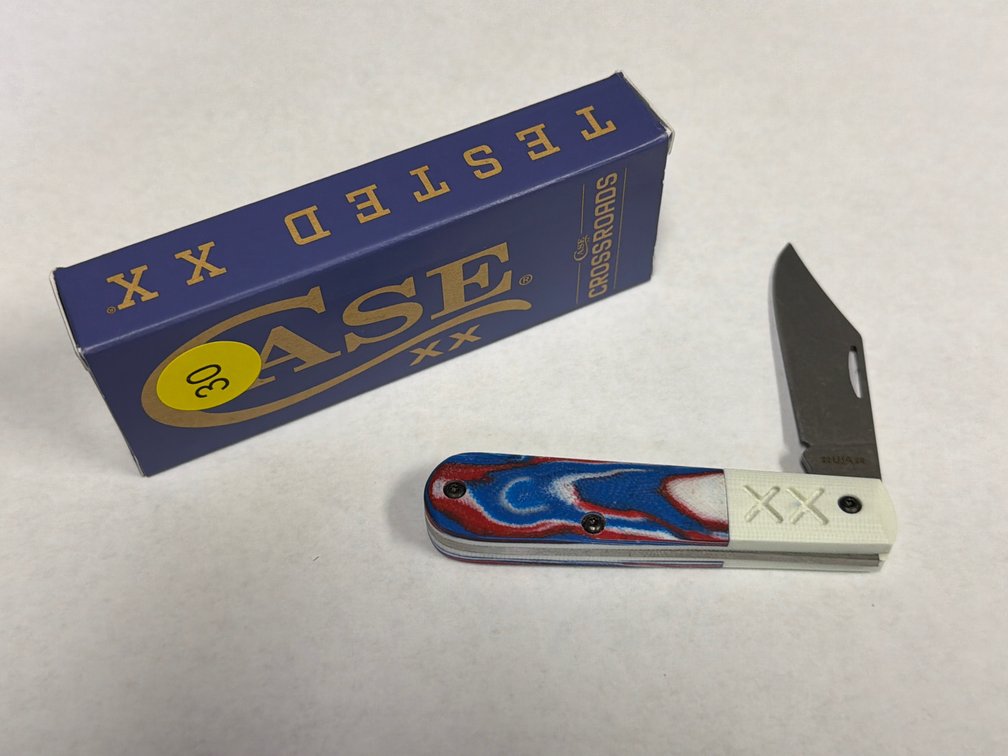 CASE XX RED/WHITE/BLUE BURL W/WHITE G-10 SMOOTH XR BARLOW KNIFE
