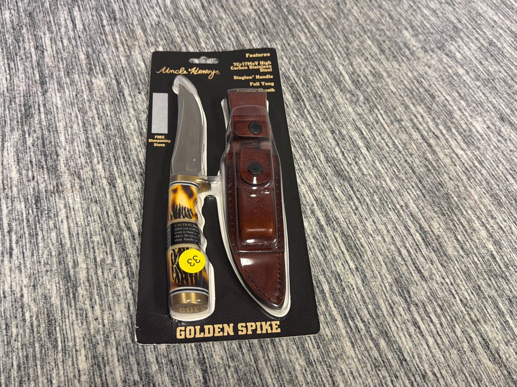 UNCLE HENRY GOLDEN SPIKE W/ SHEATH & SHARPENING STONE