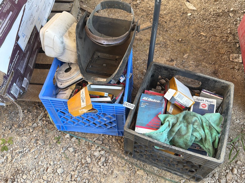 (2) CRATES OF SPARK PLUGS, WELDING MASK, MISC