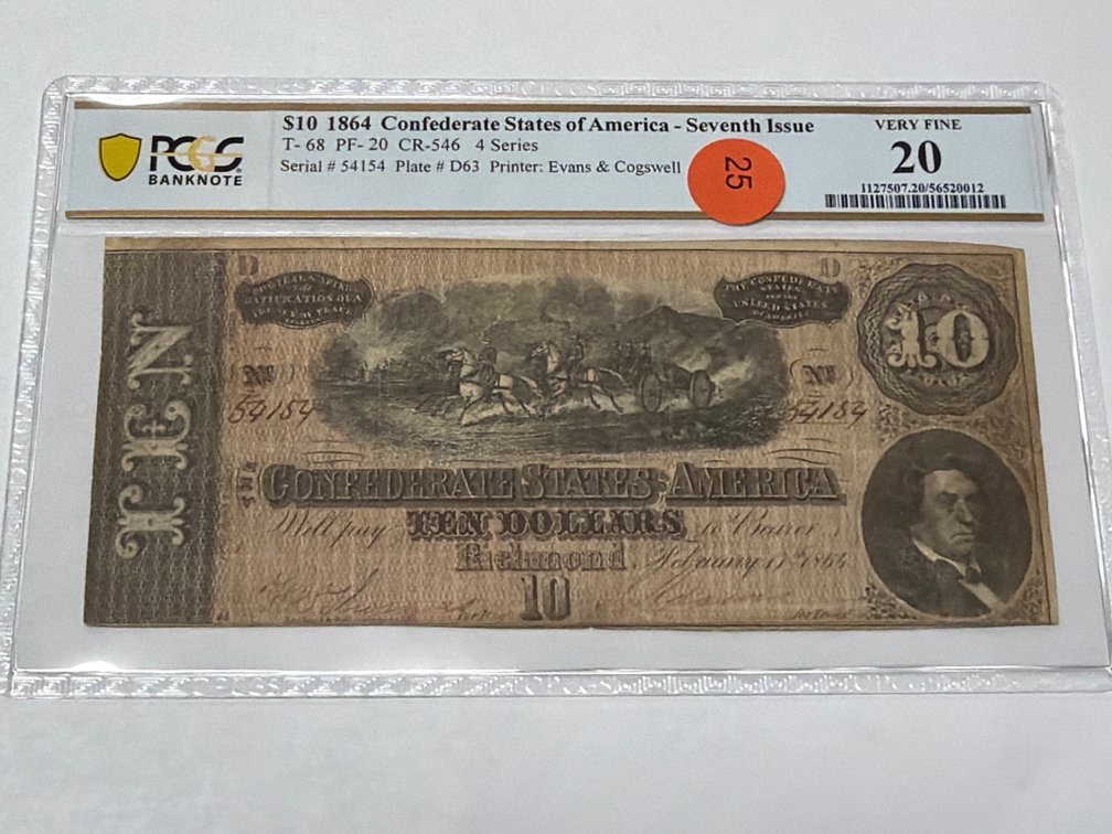 $10 1864 CONFEDERATE STATES OF AMERICA- SEVENTH ISSUE