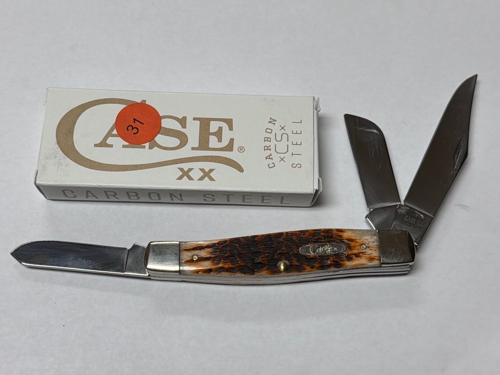 CASE XX AMBER BONE PEACH SEED JIG LARGE STOCKMAN KNIFE