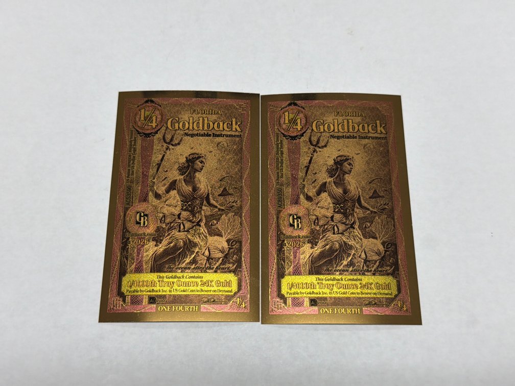 (2) FLORIDA GOLDBACK NOTES 1/4000TH TROY OZ 24 K GOLD