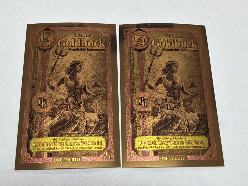 (2) FLORIDA GOLDBACK NOTES 1/4000TH TROY OZ 24 K GOLD