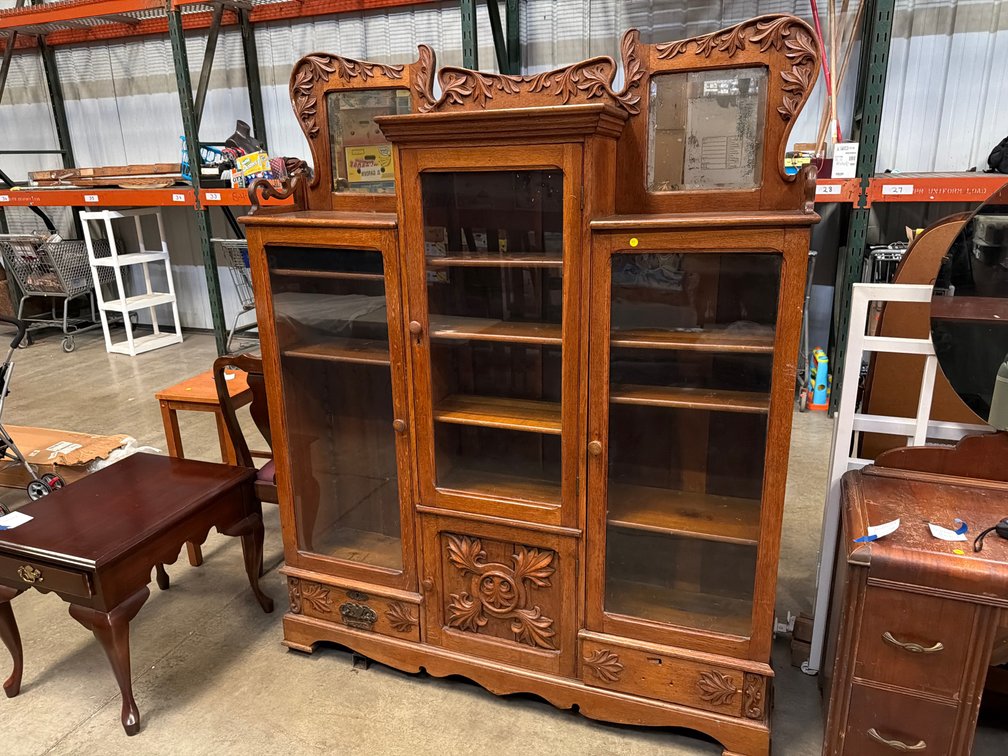 ANTIQUE VICTORIAN CARVED TRIPLE BOOKCASE