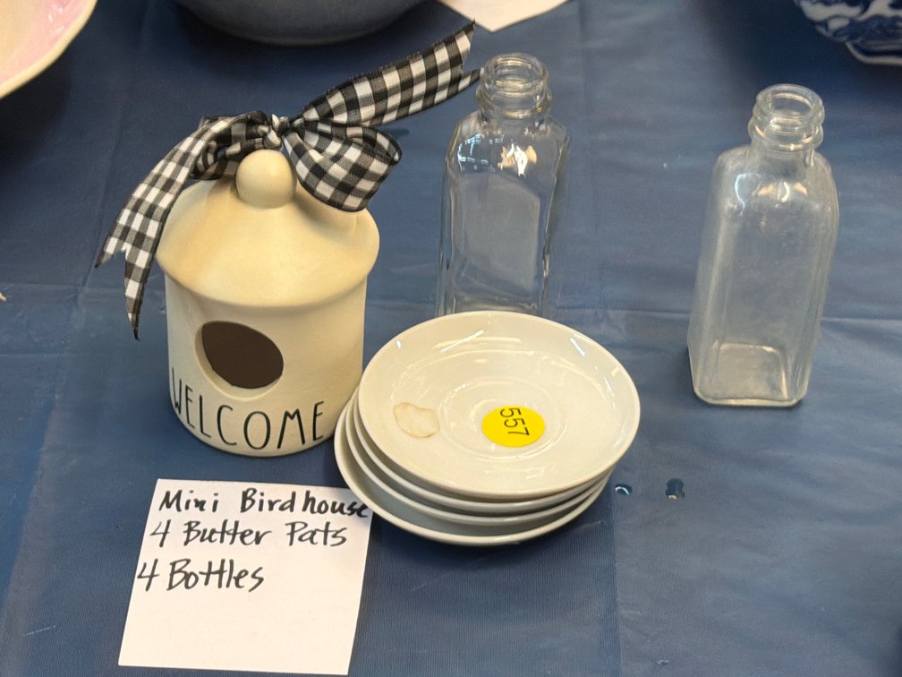 MINI BIRD HOUSE , 4 BOTTLES , 4 SMALL BUTTER PLATES