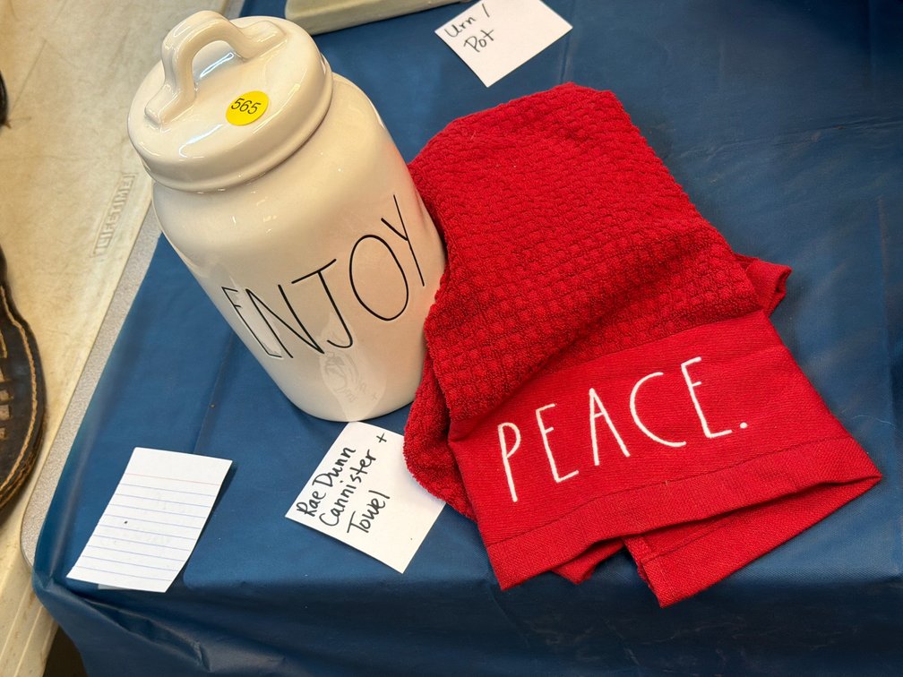 RAE DUNN CANISTER AND HAND TOWEL