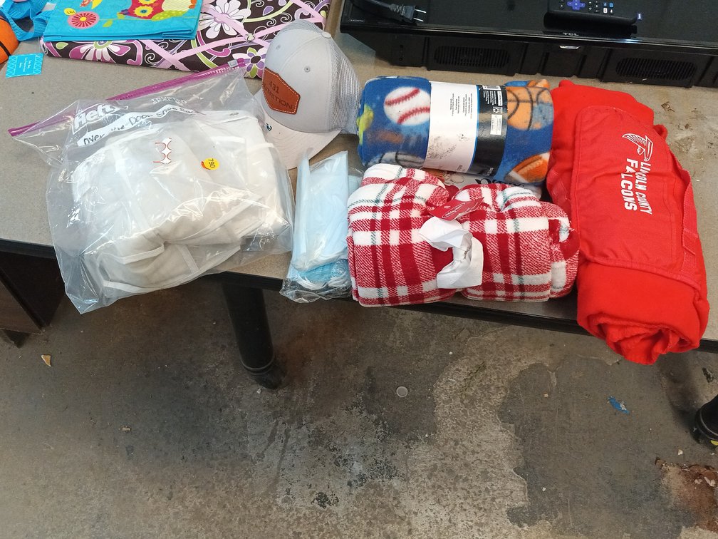 LOT OF BLANKETS, SHOE RACK, HAT, ETC
