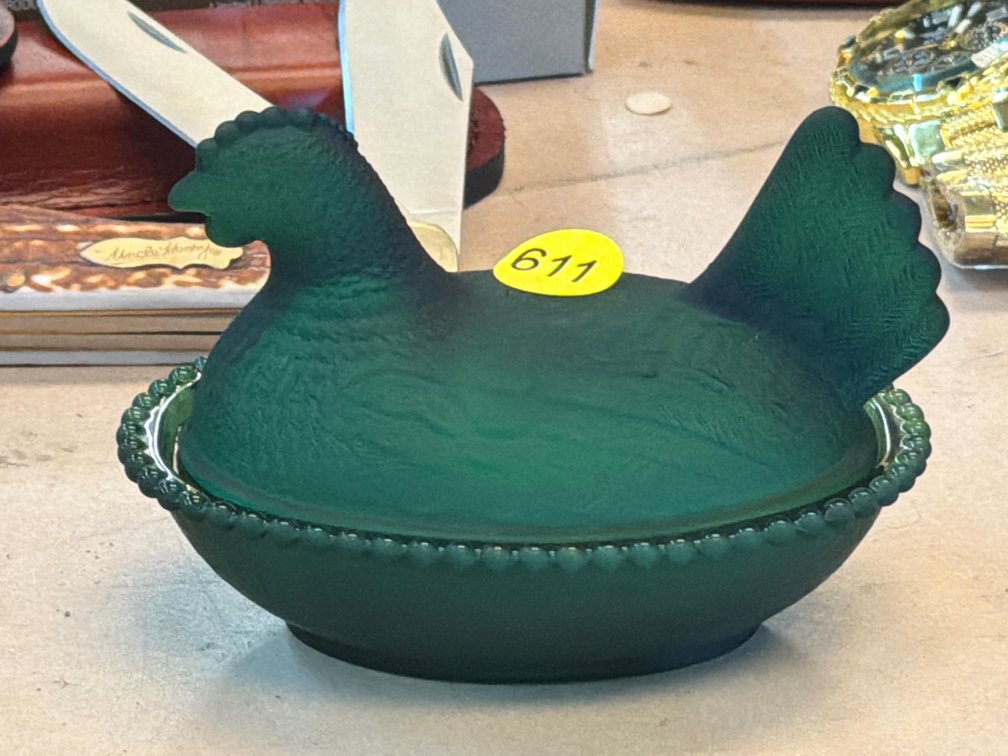 GREEN GLASS HEN ON NEST