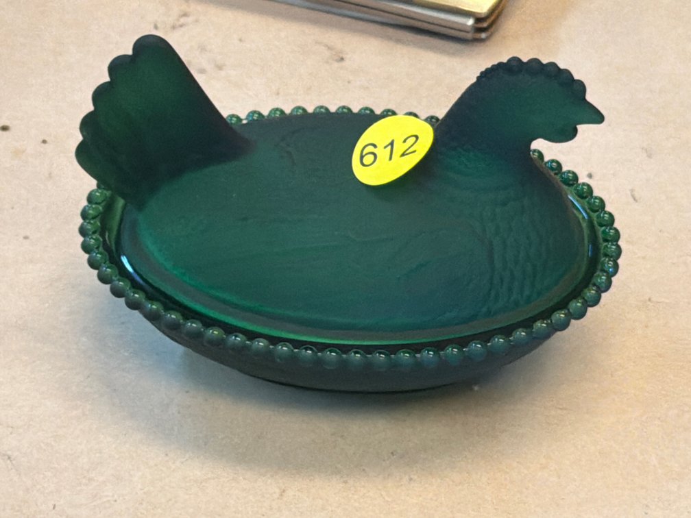 GREEN GLASS HEN ON NEST