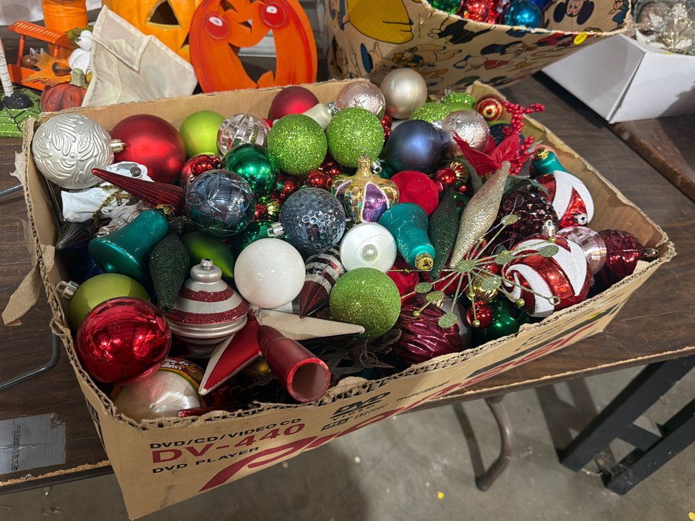 BOX OF CHRISTMAS ORNAMENTS