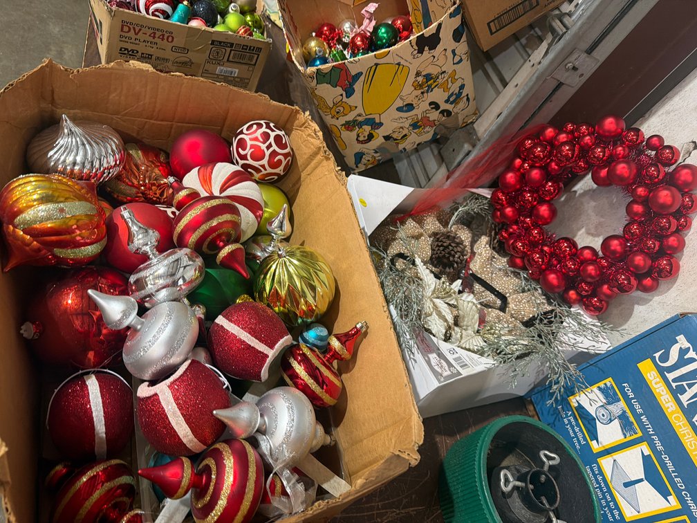 TWO CHRISTMAS WREATHS AND BOX OF ORNAMENTS