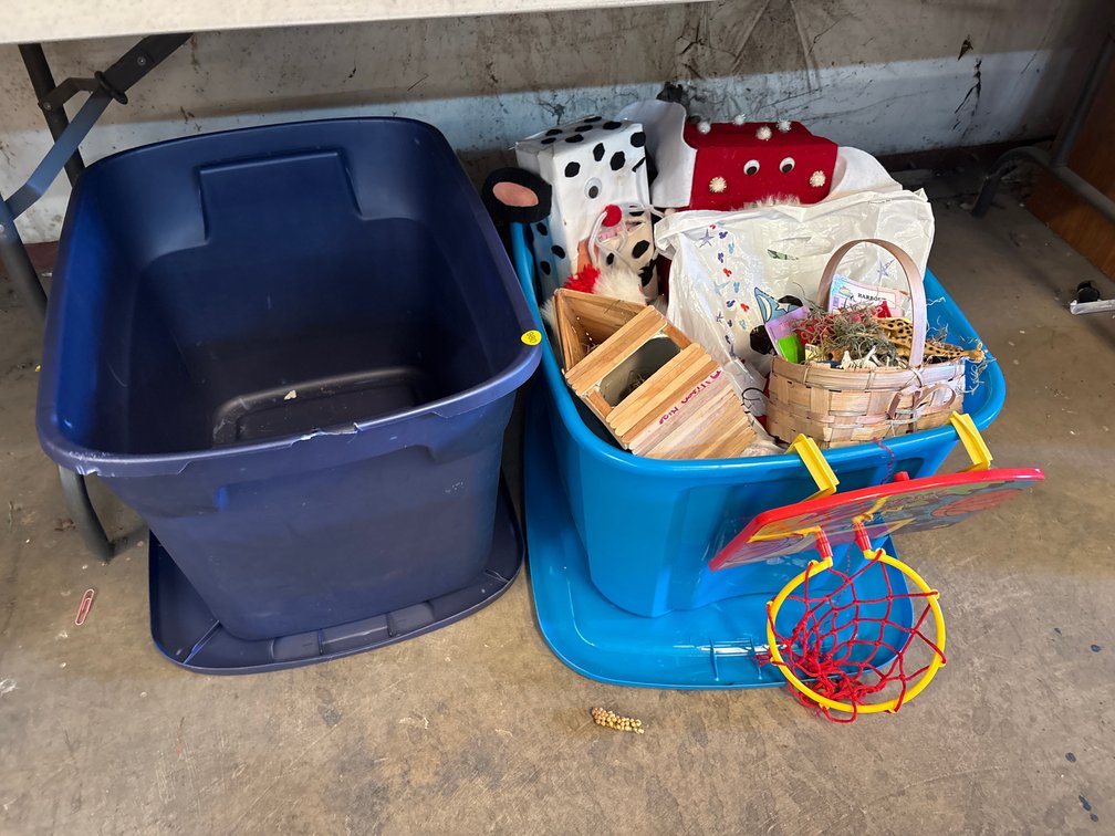 PLASTIC TOTES OF HOME MADE CRAFTS